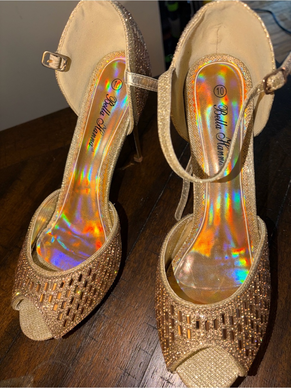 Gold Glitter Peep-Toe Ankle Strap Heels